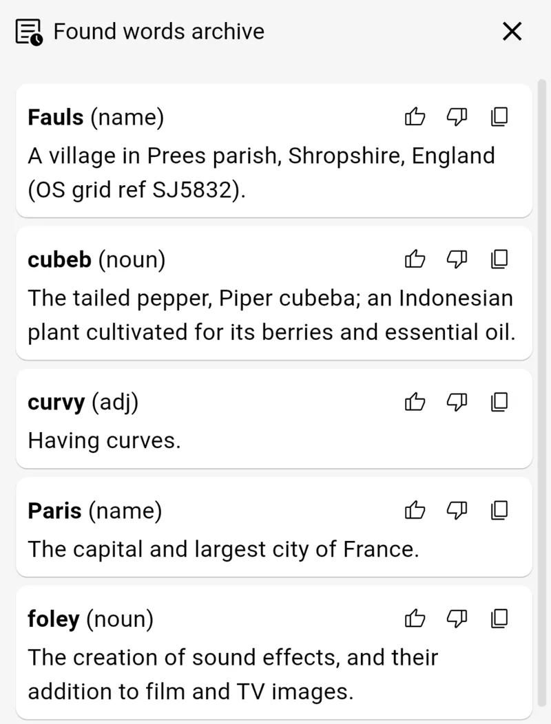Words found in the PARIS playthrough